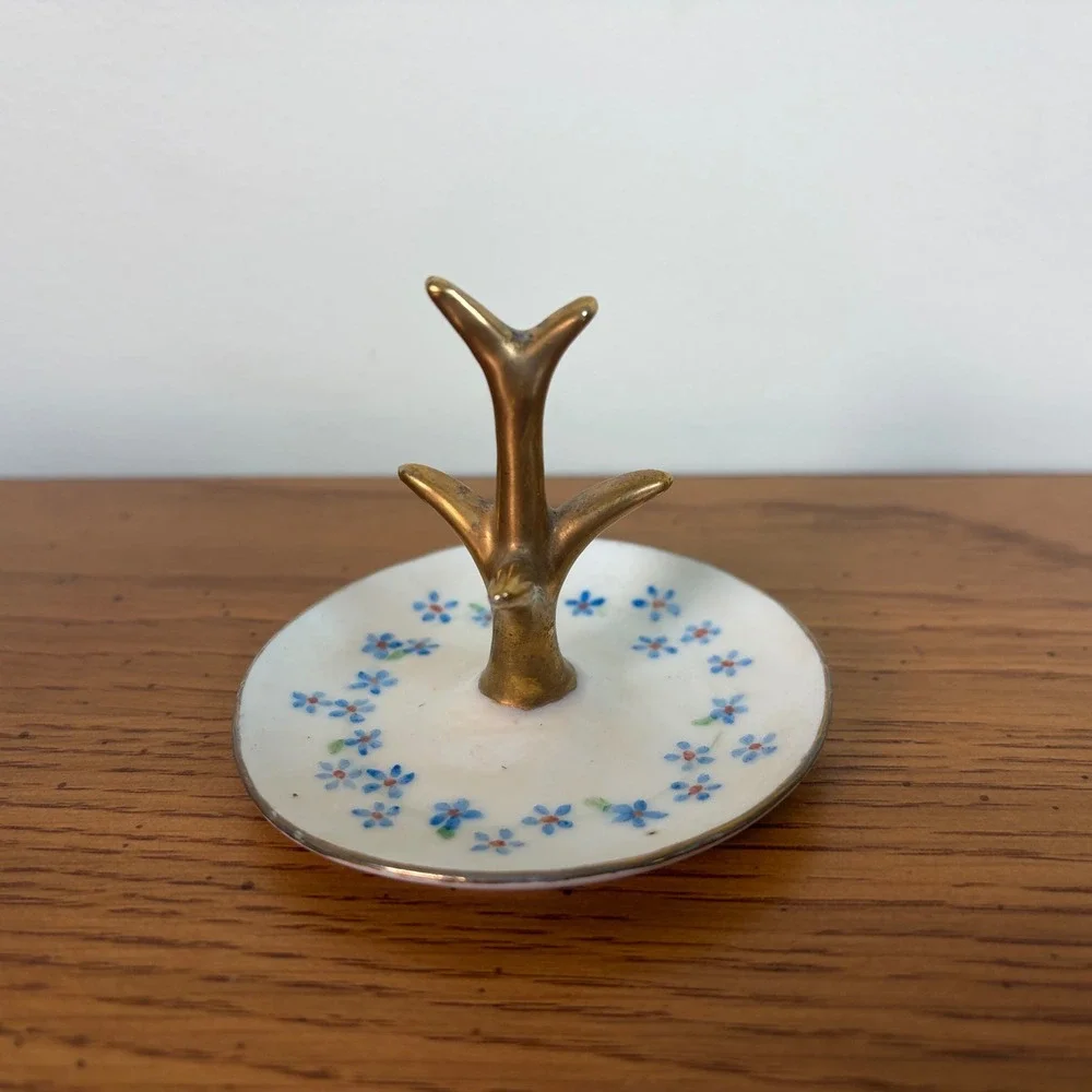Van Gilder Hand Painted Porcelain Ring Holder Tree Blue Floral Gold Trim